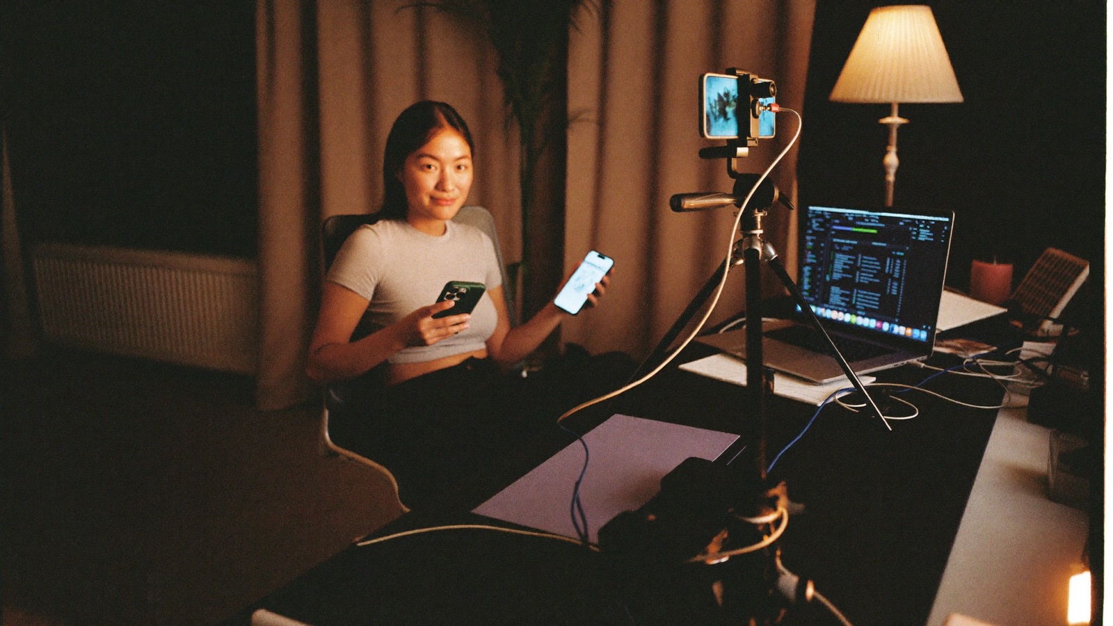 A creator's multi-device streaming setup at golden hour