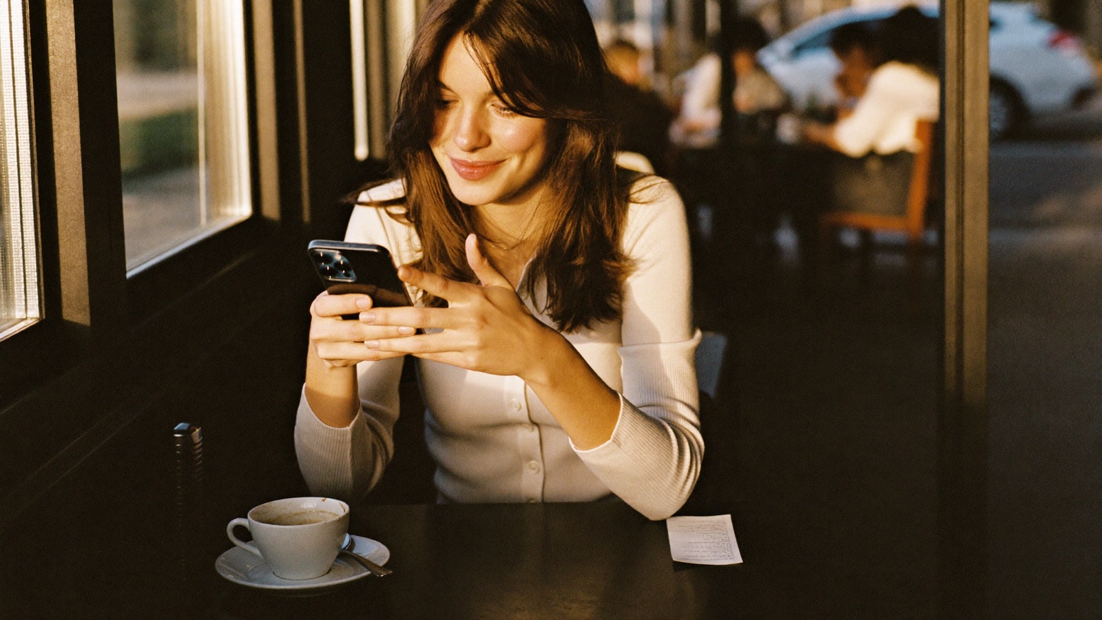 A creator reading messages at a cafe window in golden light